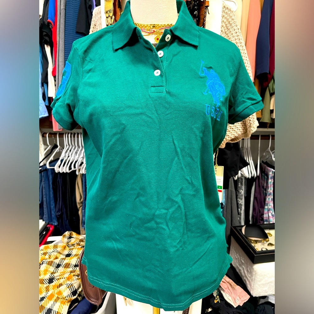 NWT US Polo ASSN Shirt Womens Large Big 3 Logo Short Sleeve Collared Green